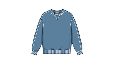 Flat technical drawing of a classic blue long-sleeved sweatshirt with ribbed cuffs and hem, featuring a V-neck detail and white outline stitching. © sekar