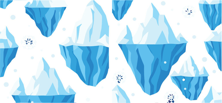 Seamless iceberg pattern with floating ice mountains and snowflakes, winter arctic illustration in flat style for background, textile and cold nature design
