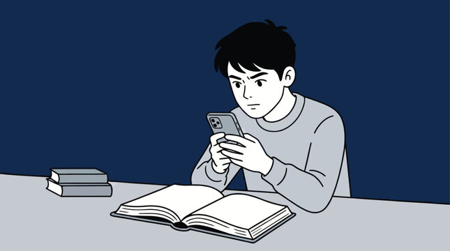 Young person distracted by smartphone while studying with books modern