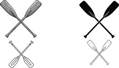 Crossed Paddle Icon Set Featuring Canoe and Kayak Oars in Outline and Silhouette Styles for Water Sports Adventure, Rowing, Boating, and Outdoor Recreation Designs © Yousuf