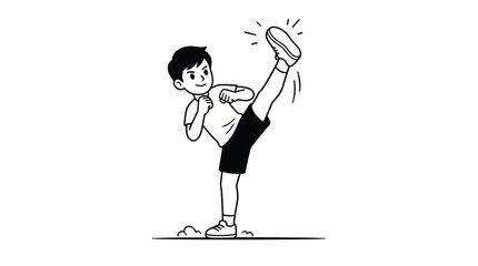 Fototapeta premium Cute cartoon boy performing a high kick dynamic action isolated on whi