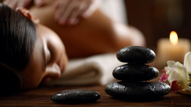 Woman enjoying a back massage with stacked black basalt stones and a glowing candle in a tranquil spa setting