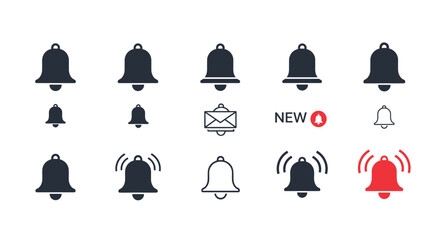 Fototapeta premium Collection of notification bell icons in different styles including solid, outline, and vibrating versions for alerts and messages.