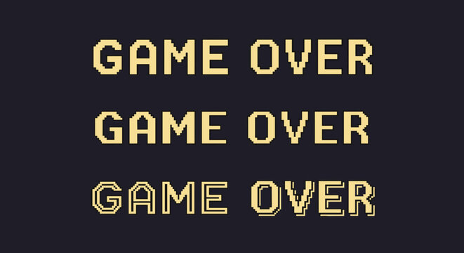 Pixelated game over text displayed in three different retro digital styles on a dark background for video game and arcade themes.