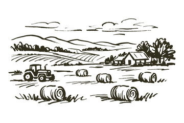 Farm landscape with tractor ink sketch vector illustration © Victoria