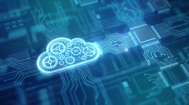 Digital Cloud Computing and Technology Circuit Board Data Storage Network Connection Concept