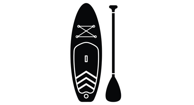 Stand up paddle board and paddle in black a flat design silhouette