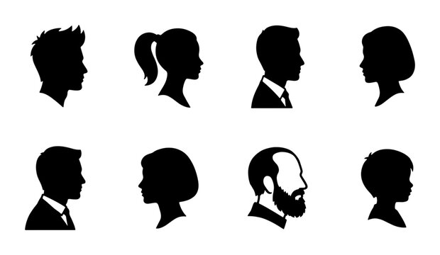 Minimalist profile silhouette icons, set of 8 diverse human head silhouettes, black side view avatar vector collection for user interface design