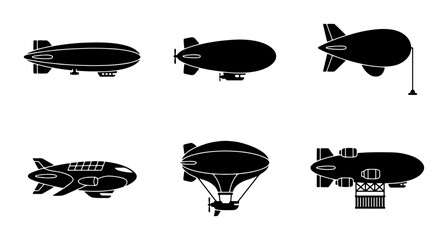 Vintage blimp silhouette icons set, retro airship and zeppelin vector collection, black dirigible aircraft symbols for aviation design © Nadia
