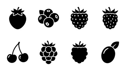 Minimalist berry icon set, black silhouette fruit vector collection, strawberry raspberry and blueberry symbols for food packaging and menus © Nadia