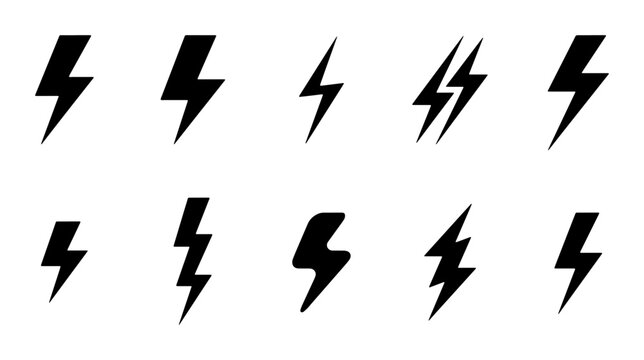 Lightning bolt icon set, 10 black electric flash symbols, minimalist power and energy vector elements, thunderbolt strike silhouettes for logo design