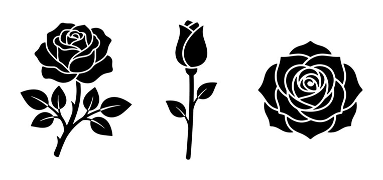 Black rose silhouette vector set, elegant floral blossom icons, minimalist botanical flower collection for wedding invitations and logo design