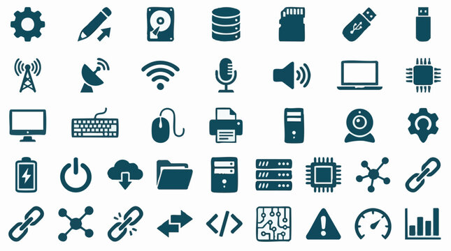 Technology and Computer Icons Set: Digital Devices, Network, Data & Programming Symbols