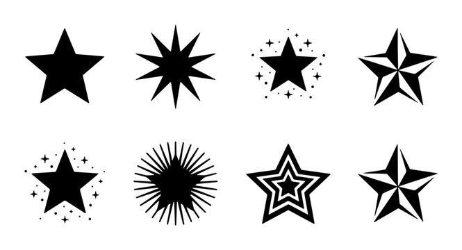 Black star icons set, collection of 8 star vector shapes, decorative celestial symbols and award rating elements for graphic design and branding