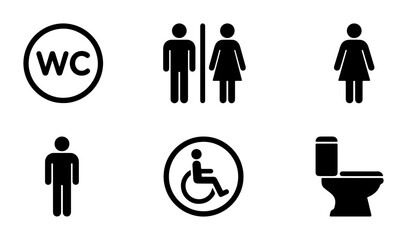 Minimalist WC restroom icons set, black toilet signage symbols for public facilities, 6 vector elements for bathroom navigation and wayfinding © Zahirul
