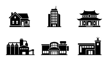 Naklejka premium Minimalist building icon set, black silhouette architecture symbols, collection of 6 vector illustrations for urban planning and real estate maps