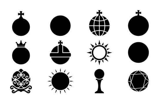 Royal orb icons set, black silhouette sovereign globes with crosses and crowns, 12 heraldic imperial regalia vector elements for logo design