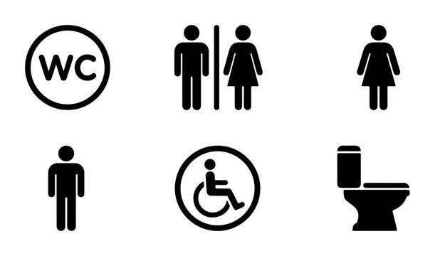 Minimalist WC restroom icons set, black toilet signage symbols for public facilities, 6 vector elements for bathroom navigation and wayfinding