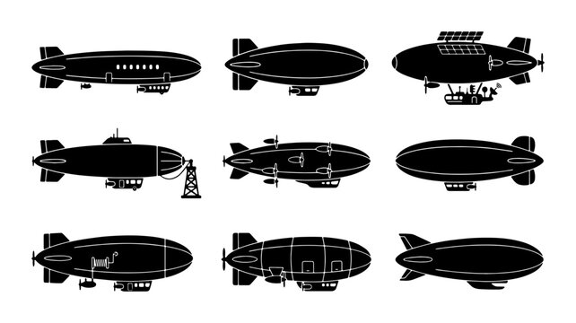 Vintage airship silhouette collection, set of 9 steampunk dirigible icons, black zeppelin blimp vector illustrations for retro aviation design