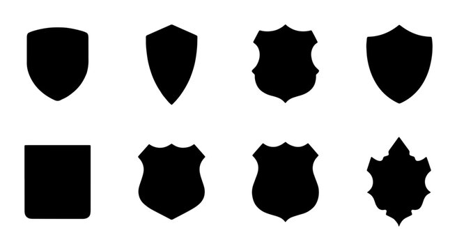 Heraldic shield silhouettes set, 8 black security icons for logo design, medieval armor crest shapes, protective guard symbols for branding