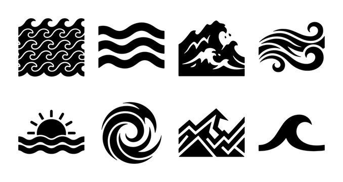 Minimalist ocean wave icons set, black sea water symbols vector, 8 abstract nautical wave elements for logo design and branding