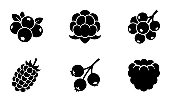 Minimalist wild berry icon set, 6 black vector berry silhouettes including raspberry and blueberry, flat forest fruit symbols for food packaging