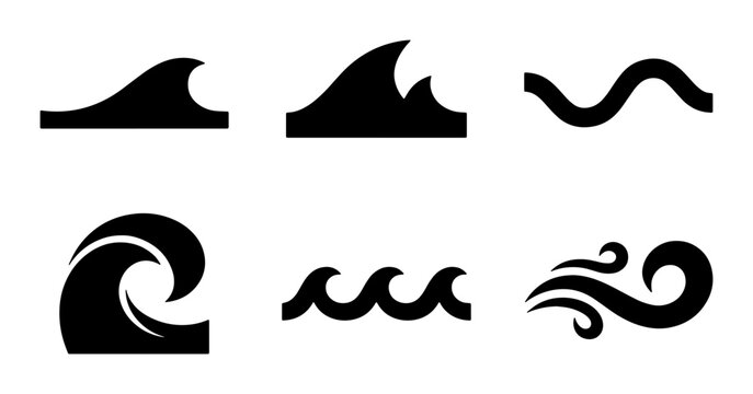 Minimalist ocean wave icons, black silhouette sea water symbols, set of 6 vector wave elements for surf and nautical logo design