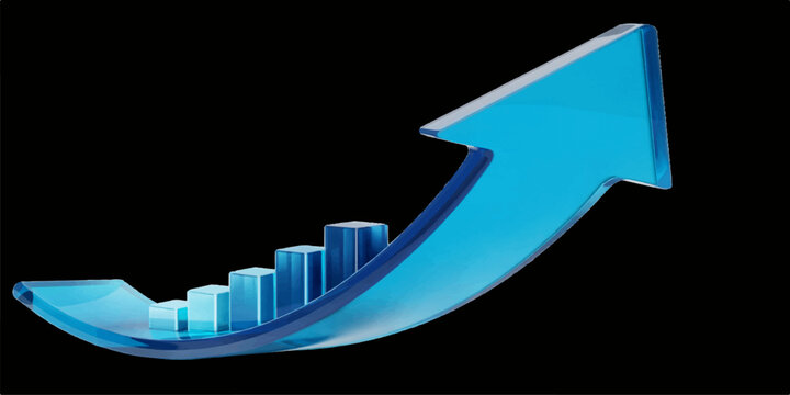 A 3D blue arrow graph rising on a white background signifies financial success and market growth through a professional business chart illustration of data progress and sales increase