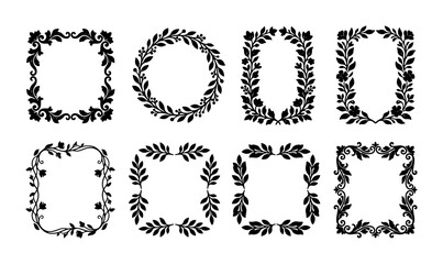 Obraz premium Vintage floral frame set with 8 black botanical borders, elegant laurel wreath collection, decorative hand drawn leaf frames for wedding invitations