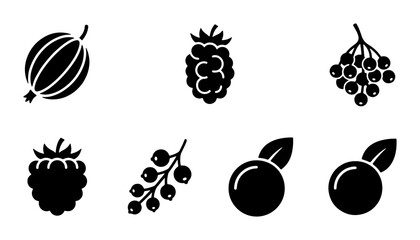 Minimalist berry icon set, black silhouette fruit symbols, collection of 7 organic garden berries for food packaging and menu design © Zahirul