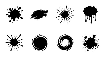 Black ink splat and paint splash collection, 8 vector liquid droplets and brush strokes, grunge splatter elements for artistic design © Rehena