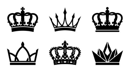 Royal crown silhouette collection, 6 black heraldic king and queen headwear icons, vintage monarch coronet set for luxury branding and logo design © Nadia