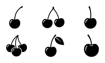 Minimalist cherry icon set, black silhouette fruit vector collection, simple sweet berry symbols for food packaging and menu design © Zahirul