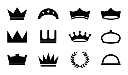 Minimalist crown icons set, 12 black royal tiara and laurel wreath vector silhouettes, elegant heraldic symbols for luxury branding and logo design © Zahirul