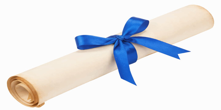 A festive red satin ribbon with a gold knot secures a diploma scroll, creating a celebration gift perfect for a graduation anniversary or holiday present isolated on a white background