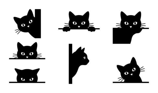 Black cat silhouette vector set, peeking kitten icons with 7 elements, minimalist feline head illustrations for borders and frames