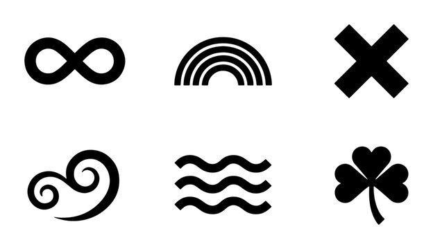 Minimalist black icon set of 6 symbols, infinity and rainbow vector elements, cross and wave line icons, clover and swirl graphics for branding