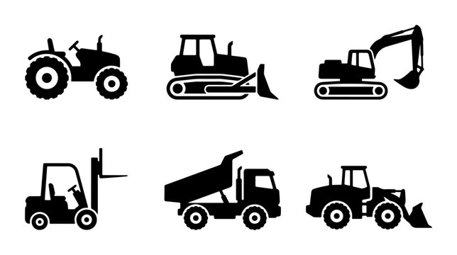 Heavy machinery construction vehicle icons, set of 6 black silhouettes including excavator and tractor, industrial equipment vector graphics