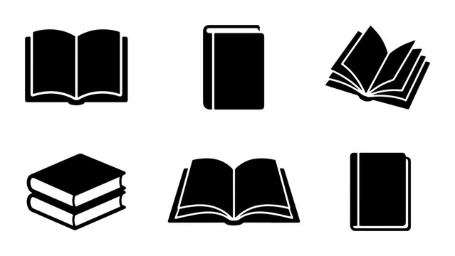 Minimalist book icon set, black silhouette library symbols, collection of 6 vector book illustrations for education and literature design