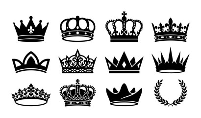 Royal crown silhouette collection, set of 12 heraldic king and queen icons, black imperial tiara and laurel wreath vector elements for luxury branding © Abu