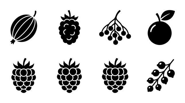 Black berry icons set, minimalist fruit vector silhouettes, collection of 8 organic berry symbols, flat graphic garden fruit elements for food packaging