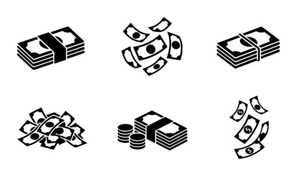Black money icons set with cash bundles and falling banknotes, flat vector currency symbols for finance and banking, 6 money elements for business