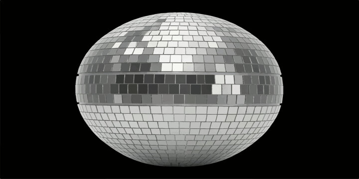 A shiny silver mirrorball reflects bright party lights as a glittering disco ball sphere isolated on a black background for nightclub dance entertainment and celebration
