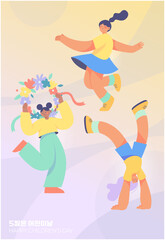Fototapeta premium Playful kids character set featuring handstand, spinning dance, and wearing flower crown