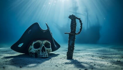 Fototapeta premium A pirate's skull and sword lie on the ocean floor and a sunken pirate ship in the background.
