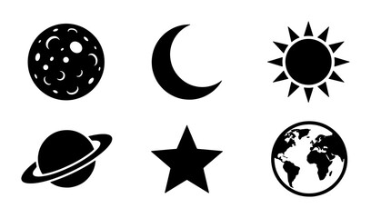 Celestial space icons set, black silhouette planet and moon symbols, 6 astronomy vector elements for science and educational design © Abu