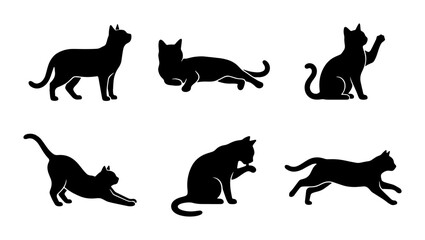 Black cat silhouettes set, collection of 6 feline vector icons in various poses, minimalist pet animal graphics for logo design and branding © Abu