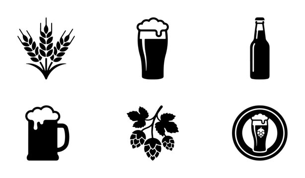 Craft beer icon set, brewery symbols with hops and barley, 6 black vector beer glass silhouettes