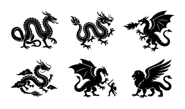 Mythical dragon silhouette set, black fantasy creature icons, collection of 6 vector dragon and chimera illustrations for gaming and tattoo design