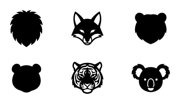 Minimalist wild animal head icons, black silhouette predator faces, 6 vector wildlife symbols